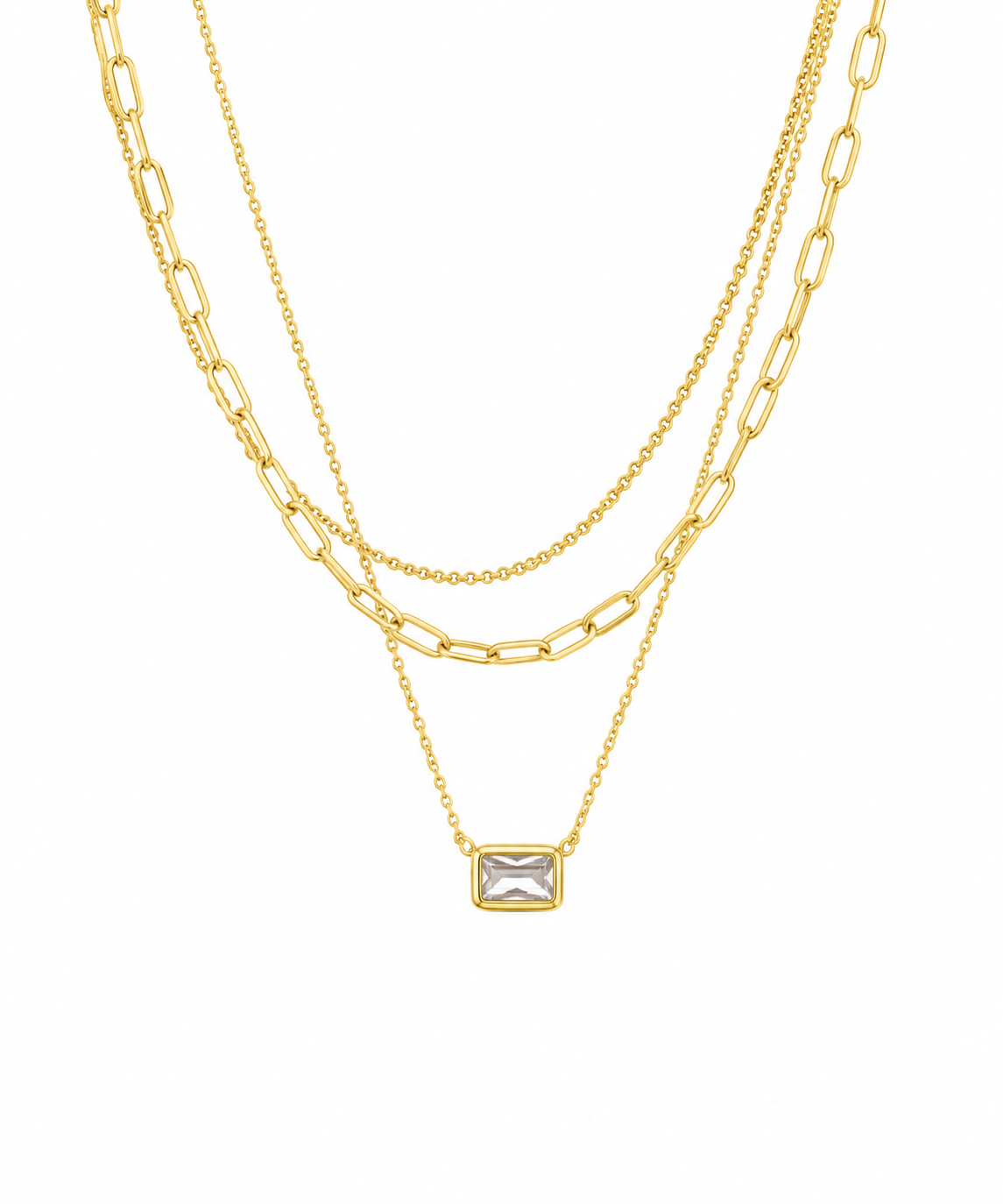 3 Layer With Rectangle CZ Charm Necklace