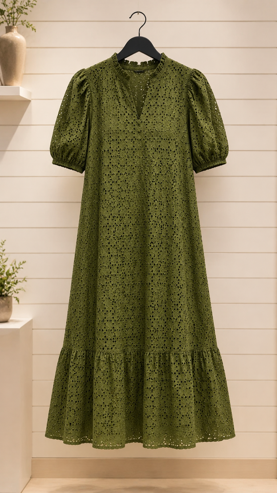 Emily Eyelet Short Puff Sleeve Midi Dress Olive