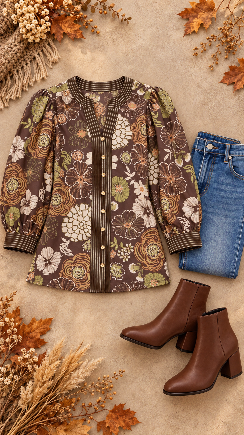 Fallen Floral Print 3/4 Sleeve Top Brown