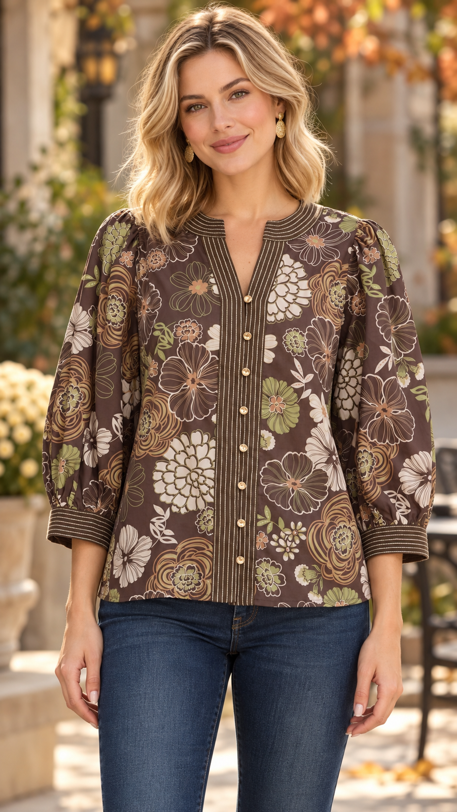 Fallen Floral Print 3/4 Sleeve Top Brown
