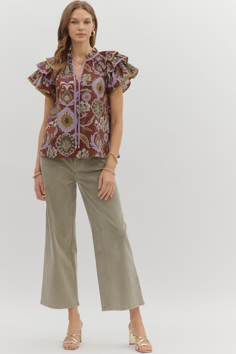 Evelyn Tiered Ruffle Sleeve Top Red Bean