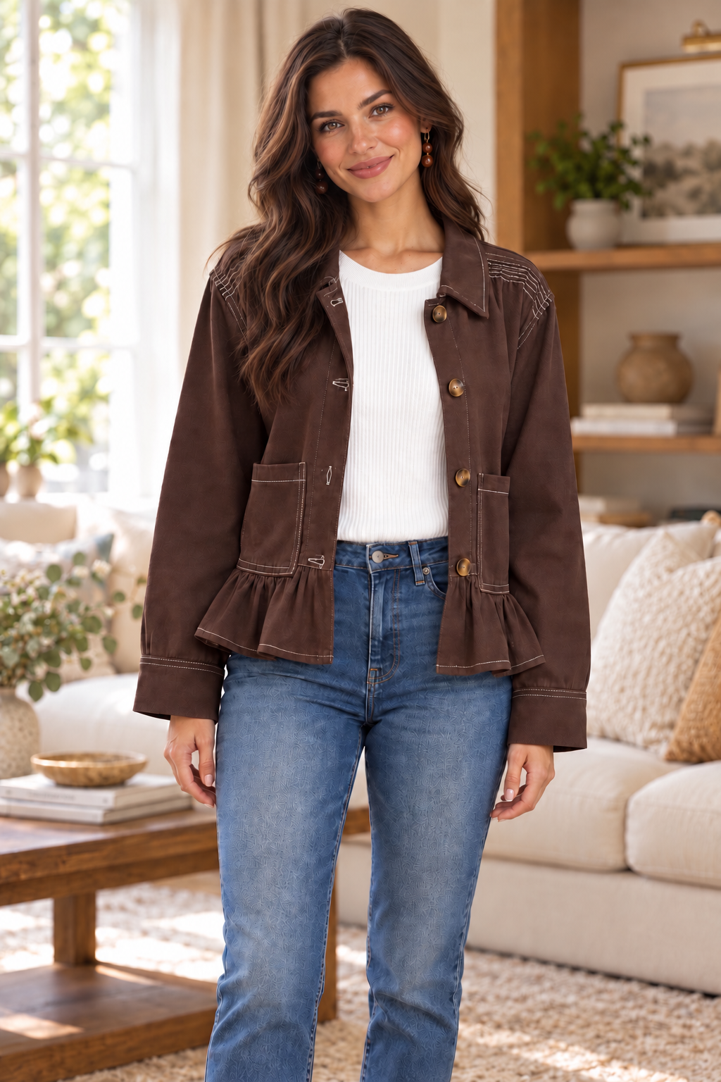 Sandy Solid Long Sleeve Jacket Brown