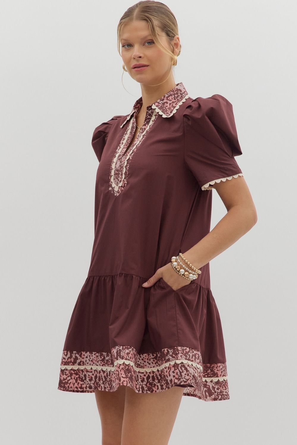 Abigail Animal Accent Trim Mini Dress Burgundy