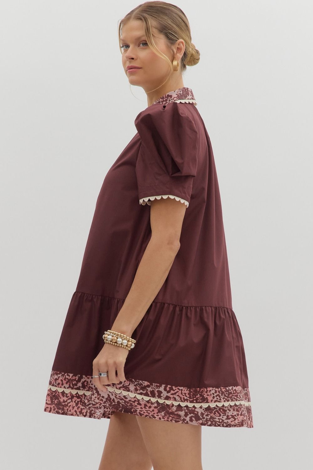 Abigail Animal Accent Trim Mini Dress Burgundy