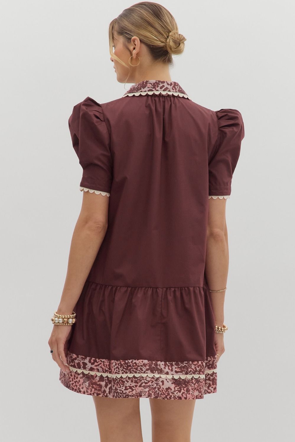Abigail Animal Accent Trim Mini Dress Burgundy