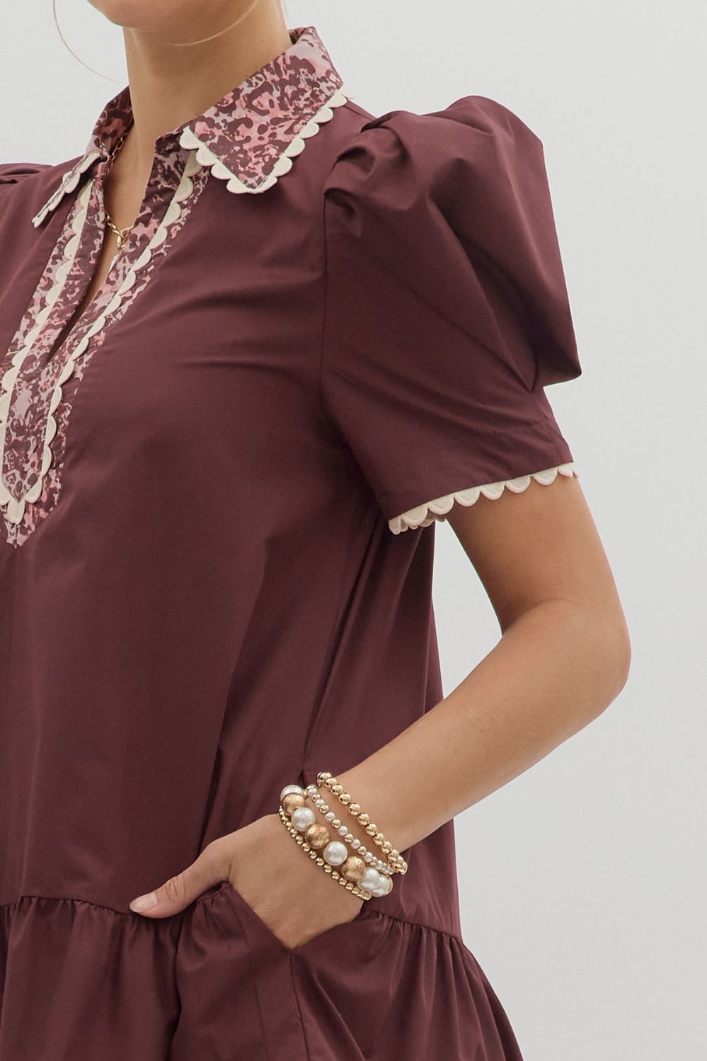 Abigail Animal Accent Trim Mini Dress Burgundy