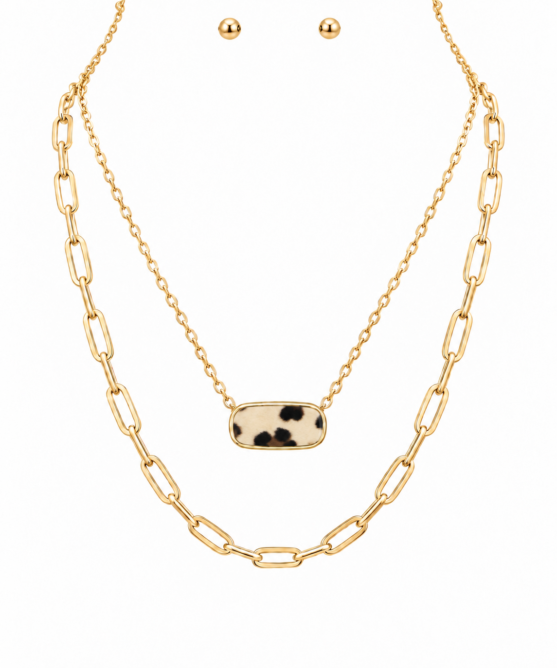 Animal Print Oval Layer Necklace Set Tan