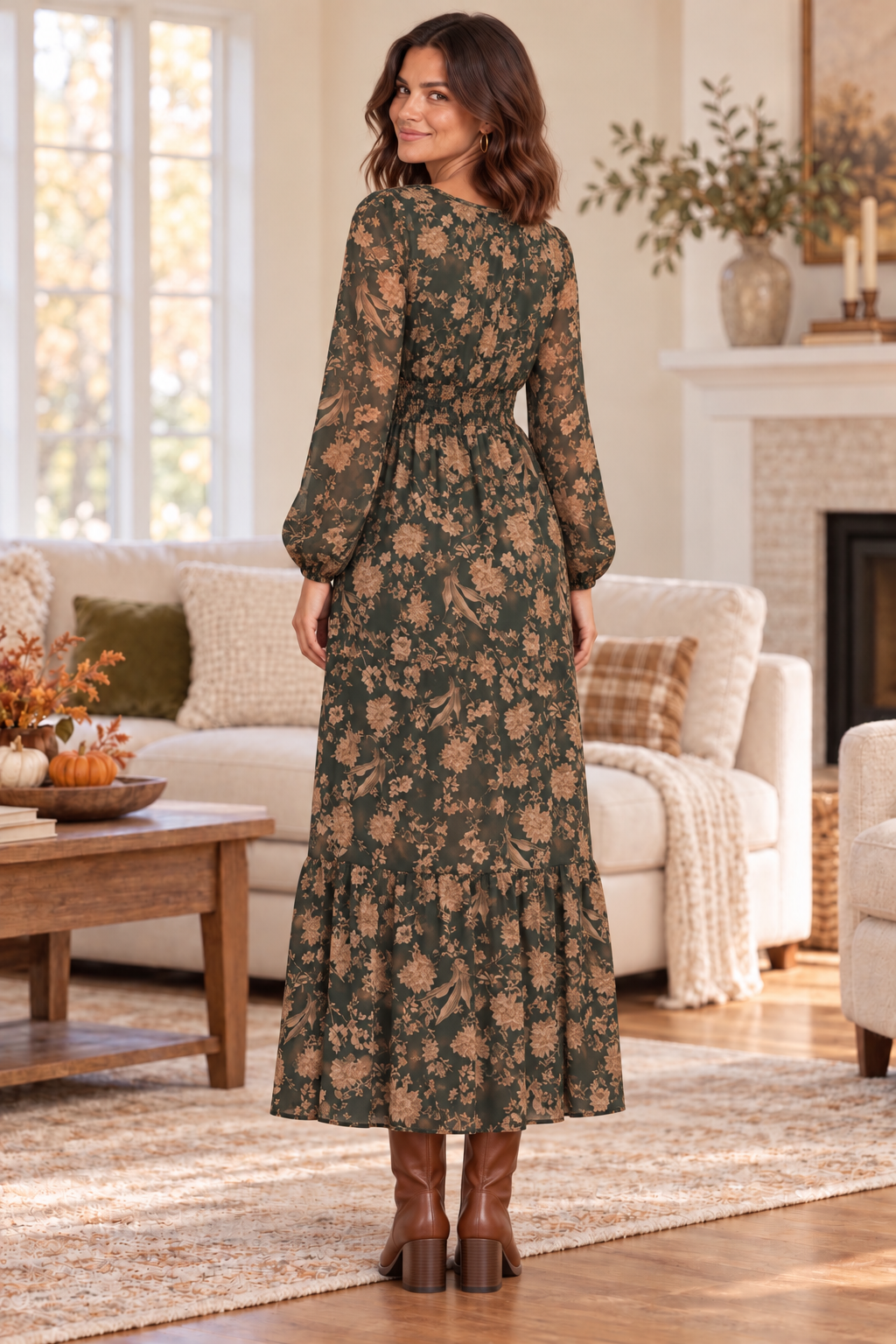 Leonora Long Sleeve Floral Tiered Maxi Dress Sea Green