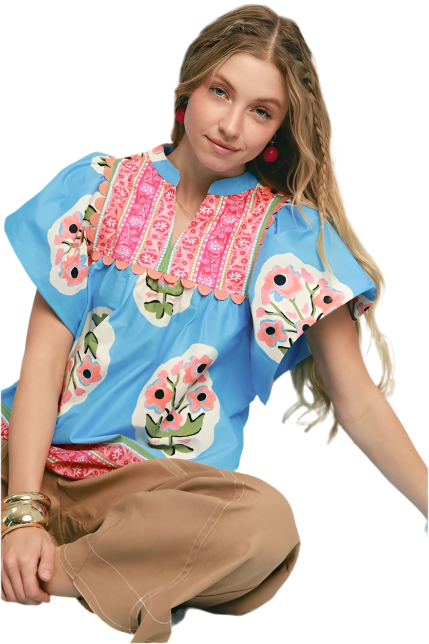 Bohemian Queen Floral Top Blue