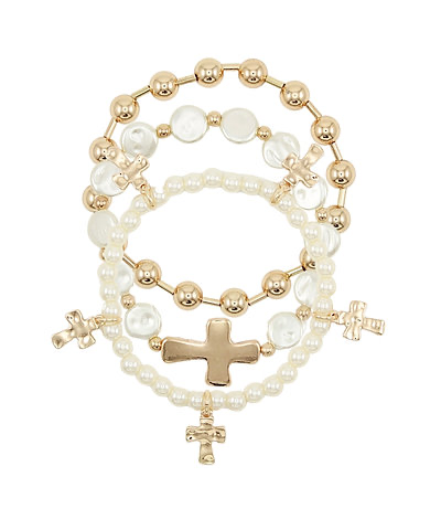 3 Row Cross Multi Charm & Pearl Bracelet Cream