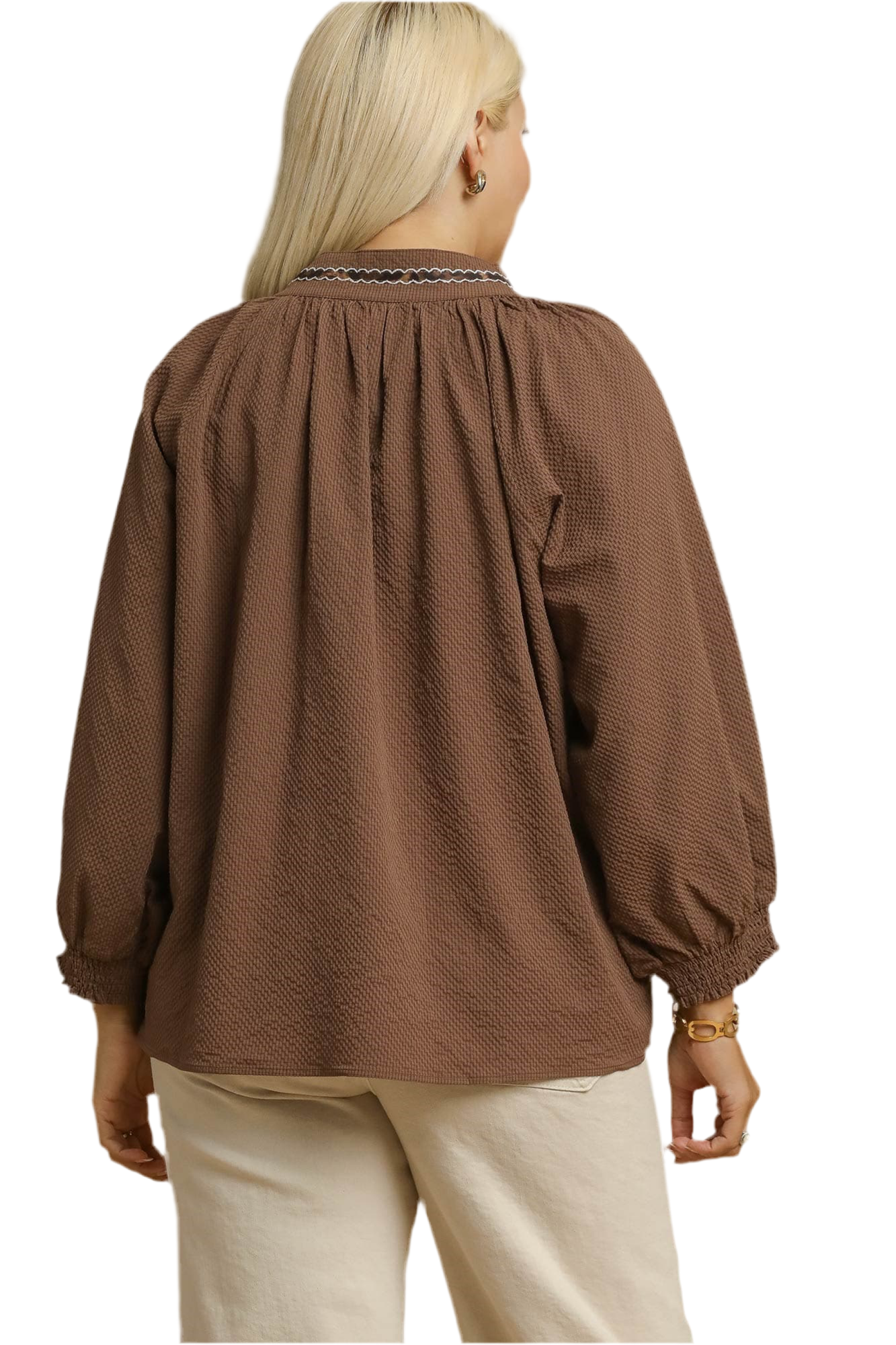 Allie Animal Print Trim V Neck Collared Top Chocolate