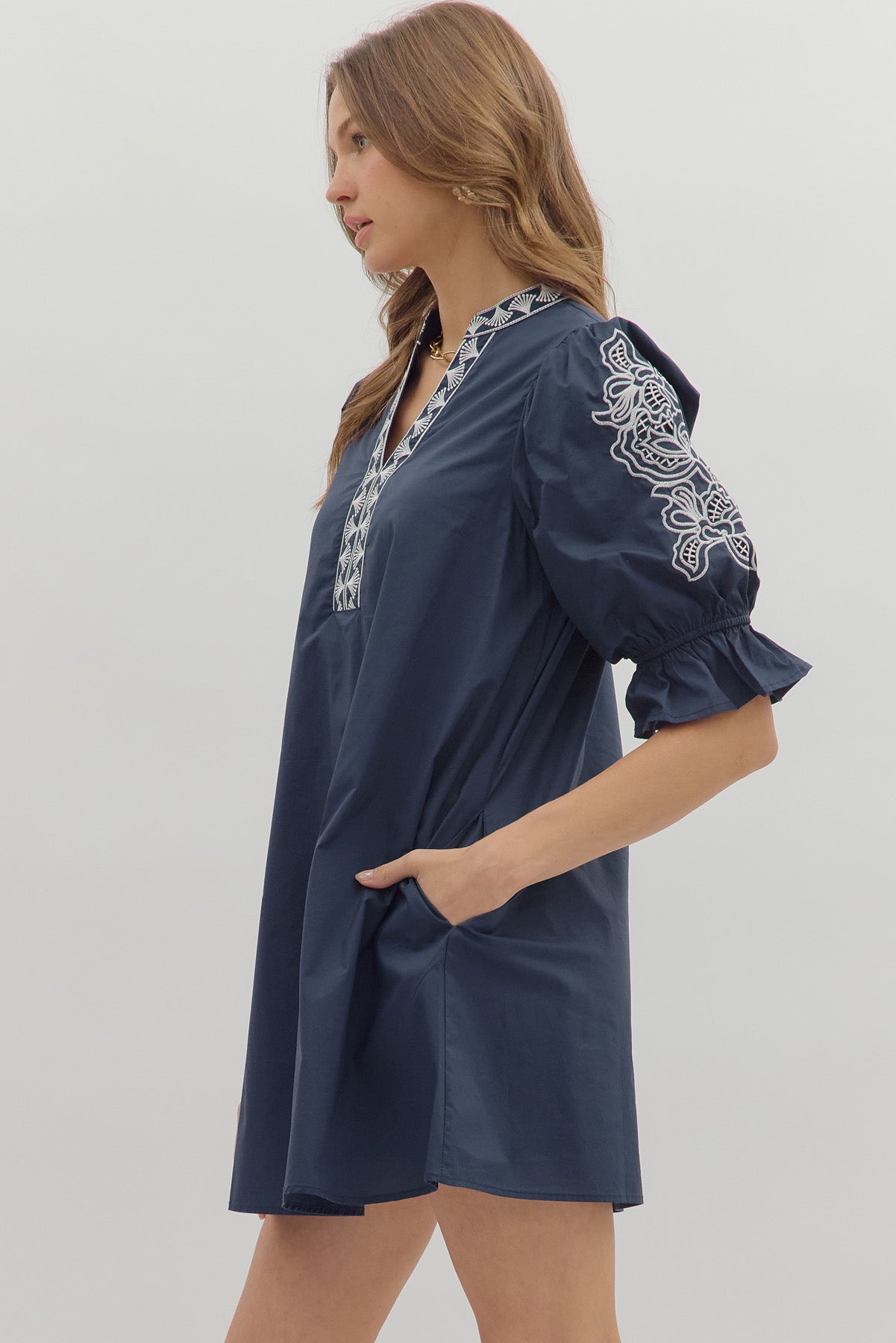 Jessy Embroidered Sleeve Dress Navy