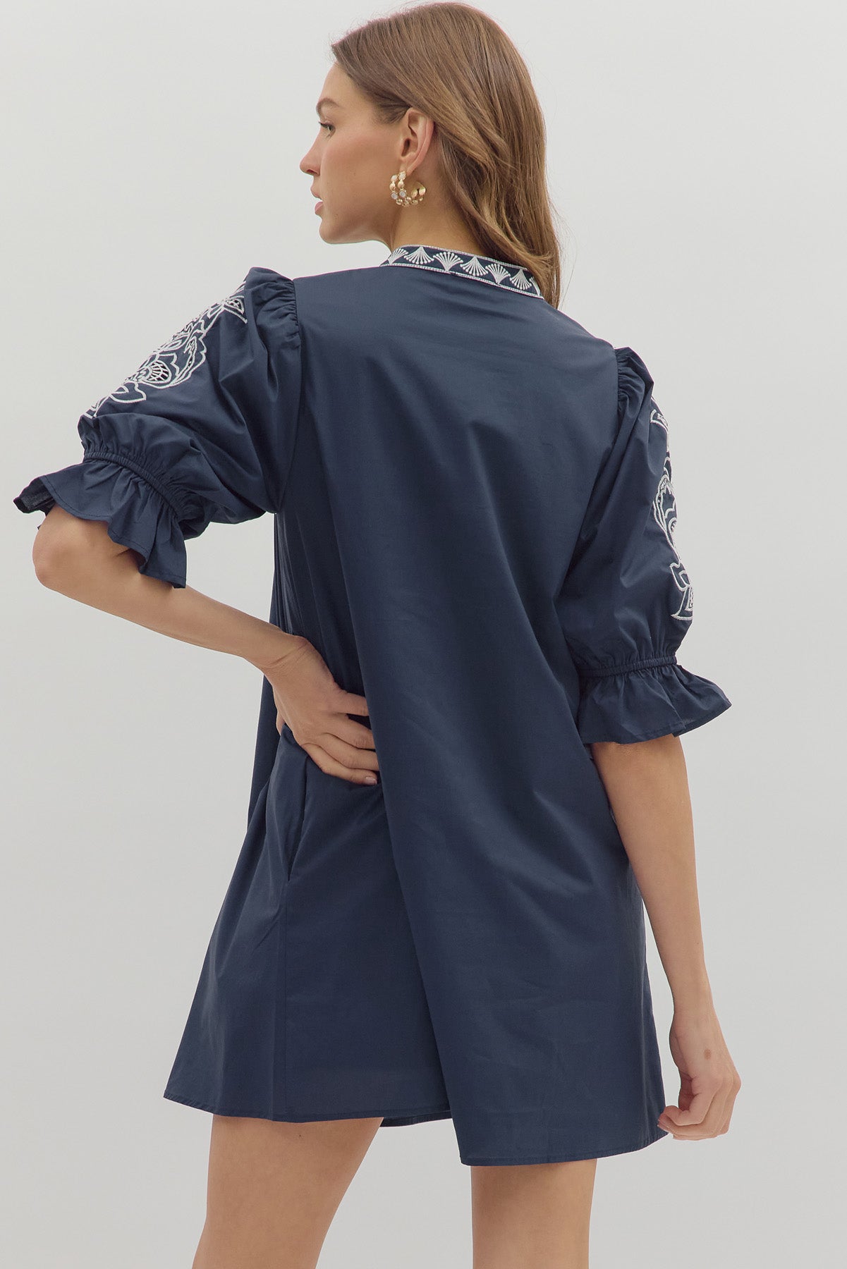 Jessy Embroidered Sleeve Dress Navy