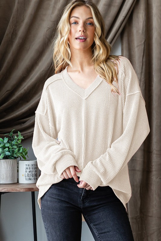 Poppy Urban Ribbed V-Neck Top Cream