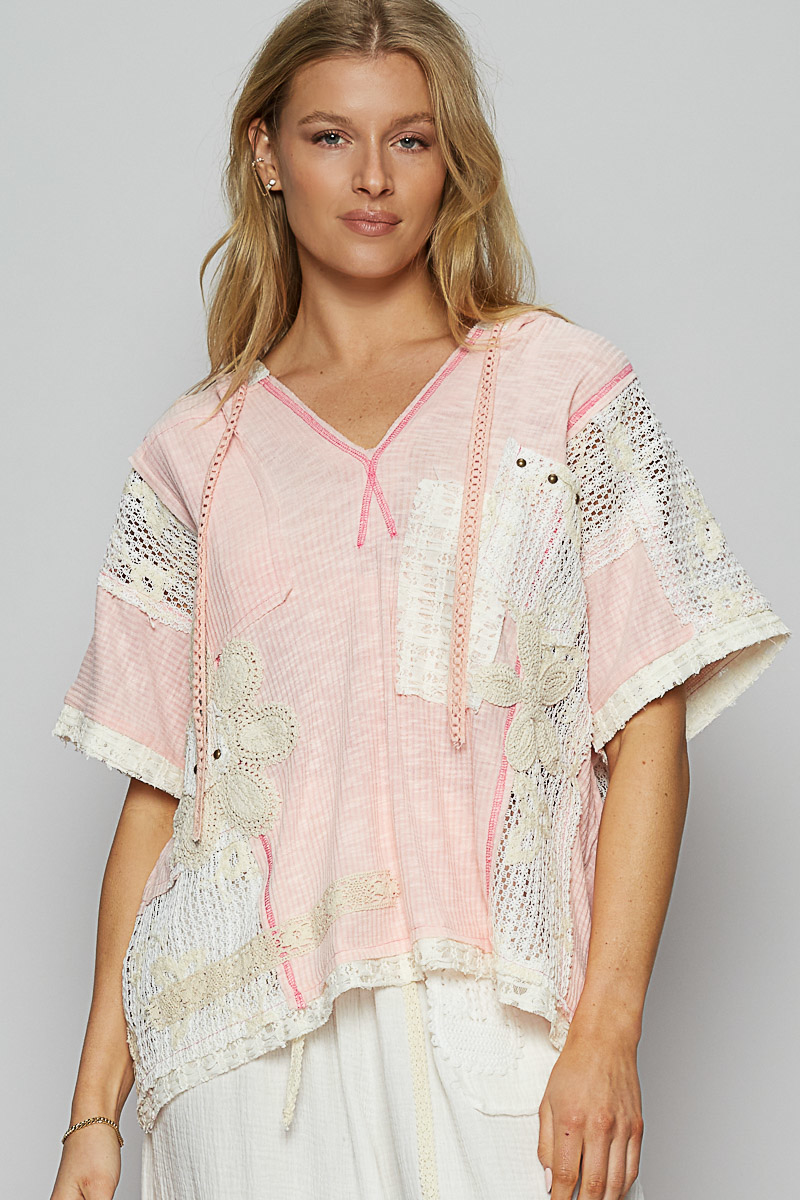 Farrah Floral Lace V-Neck Hoodie Top Blush Pink