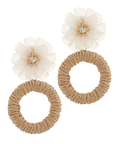 Flower & Raffia Circle Drop Earrings Natural