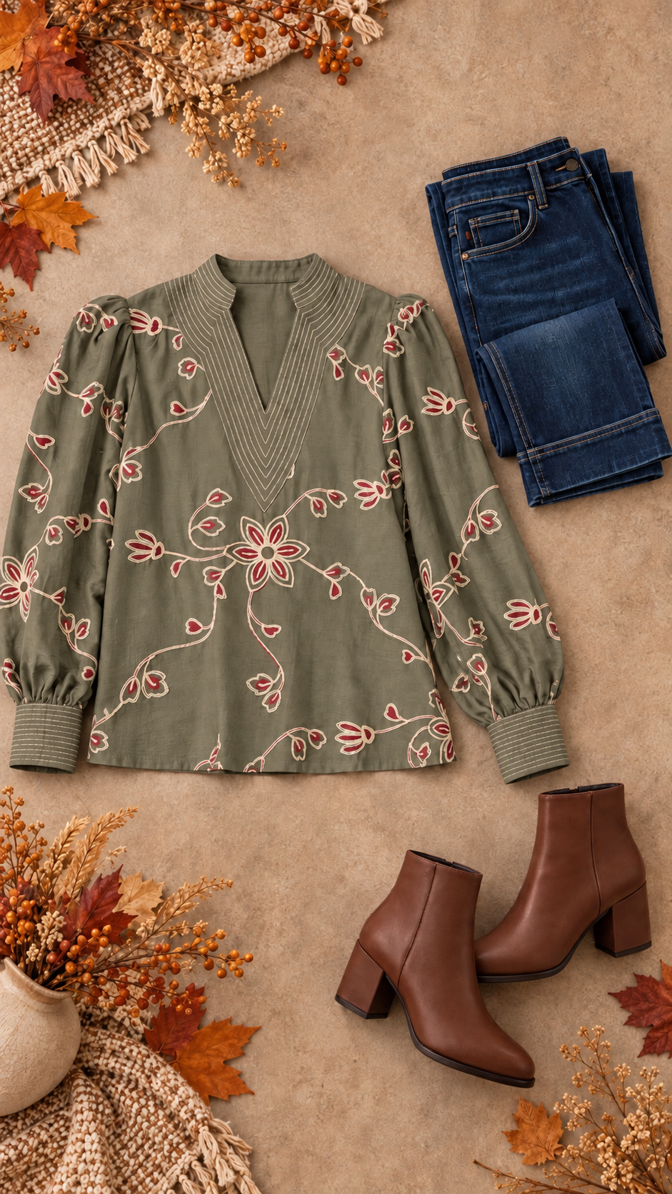 Faith Floral Embroidered Long Puff Sleeve Top Olive