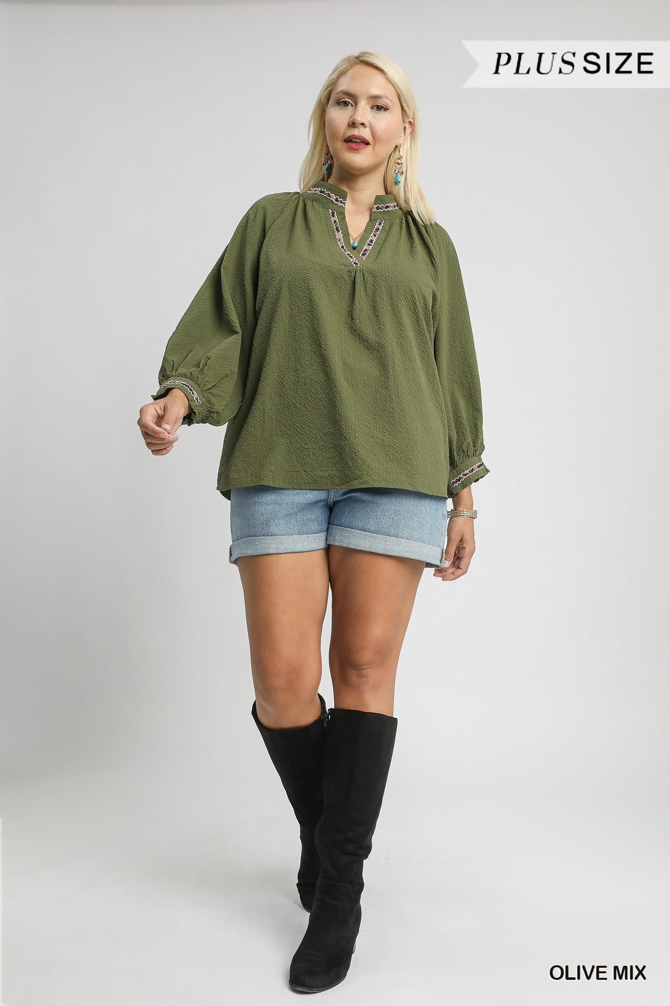 Allie Animal Print Trim V Neck Collared Top Olive
