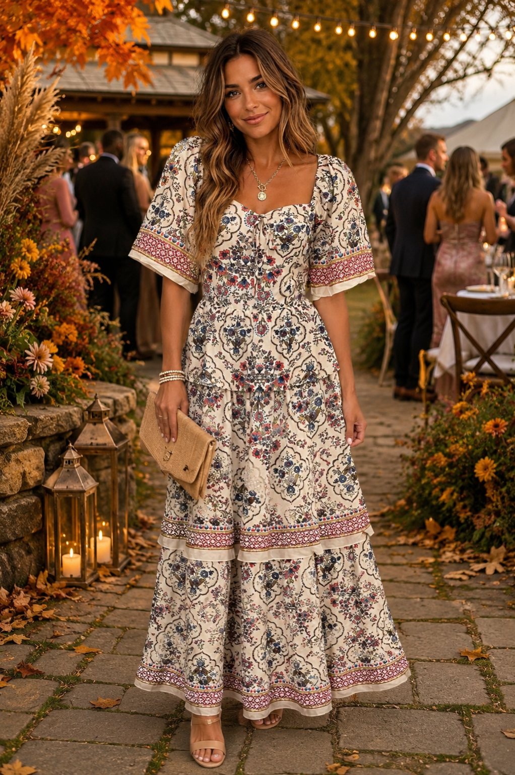 Beauty Queen Floral Print Tiered Skirt Midi Dress Cream'