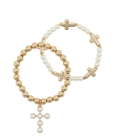 2 Row Cross & Pearl Bracelet Cream