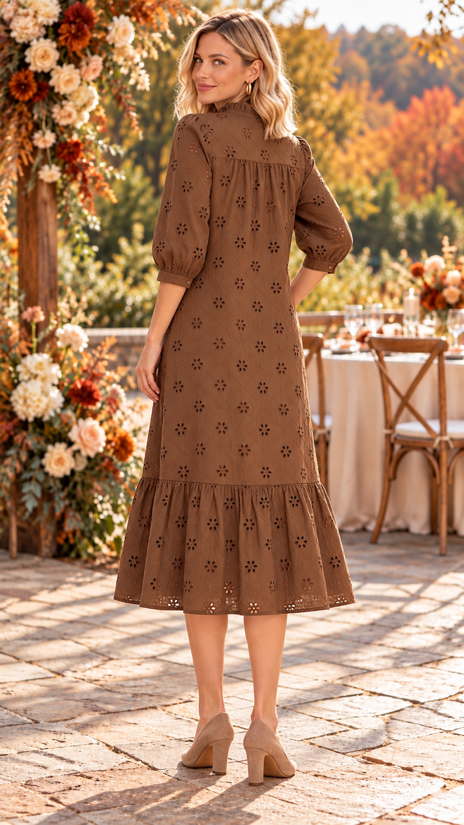 Skylar Solid 3/4 Puff Sleeve Dress Brown