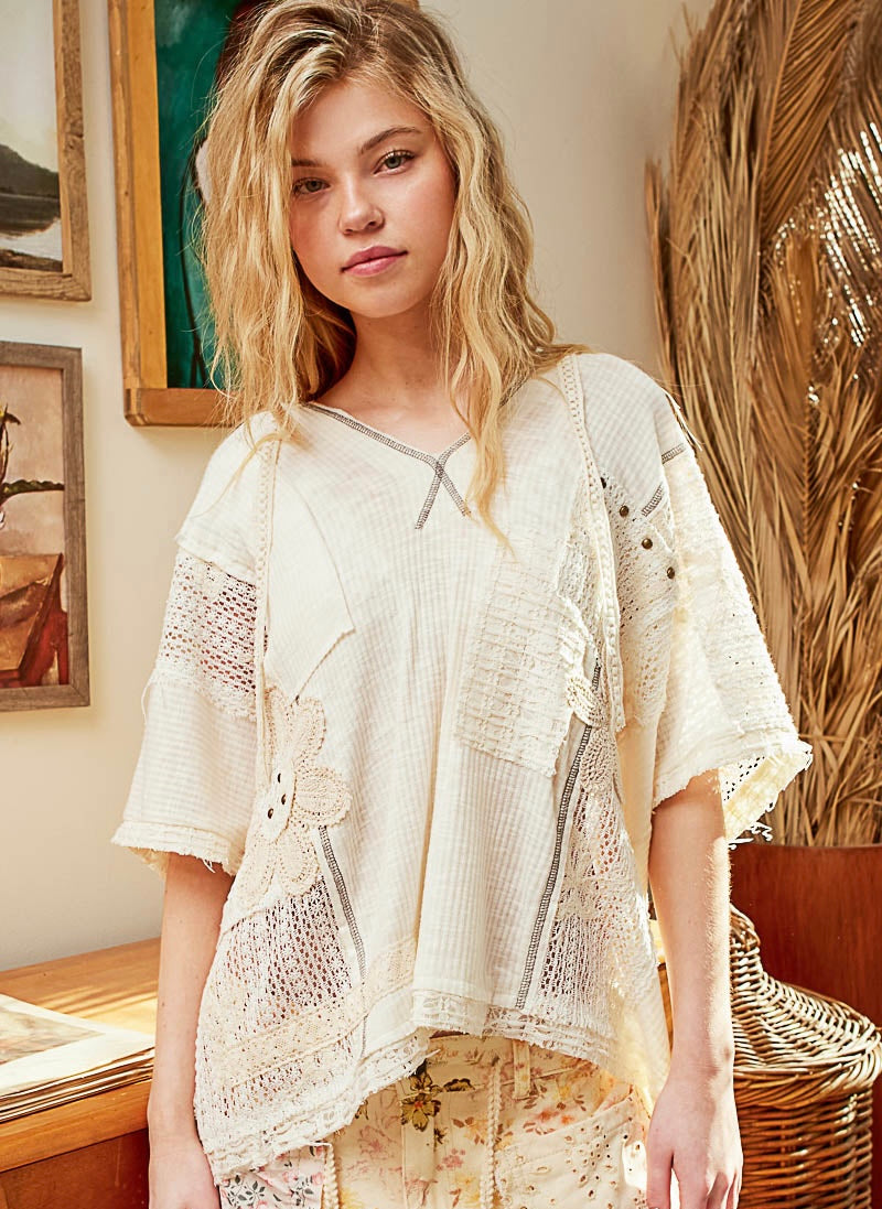 Farrah Floral Lace V-Neck Hoodie Top Natural
