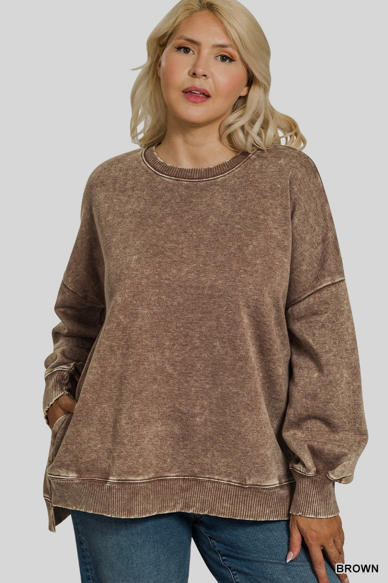 Arlene Acid Washed High-Low Hem Pullover Brown