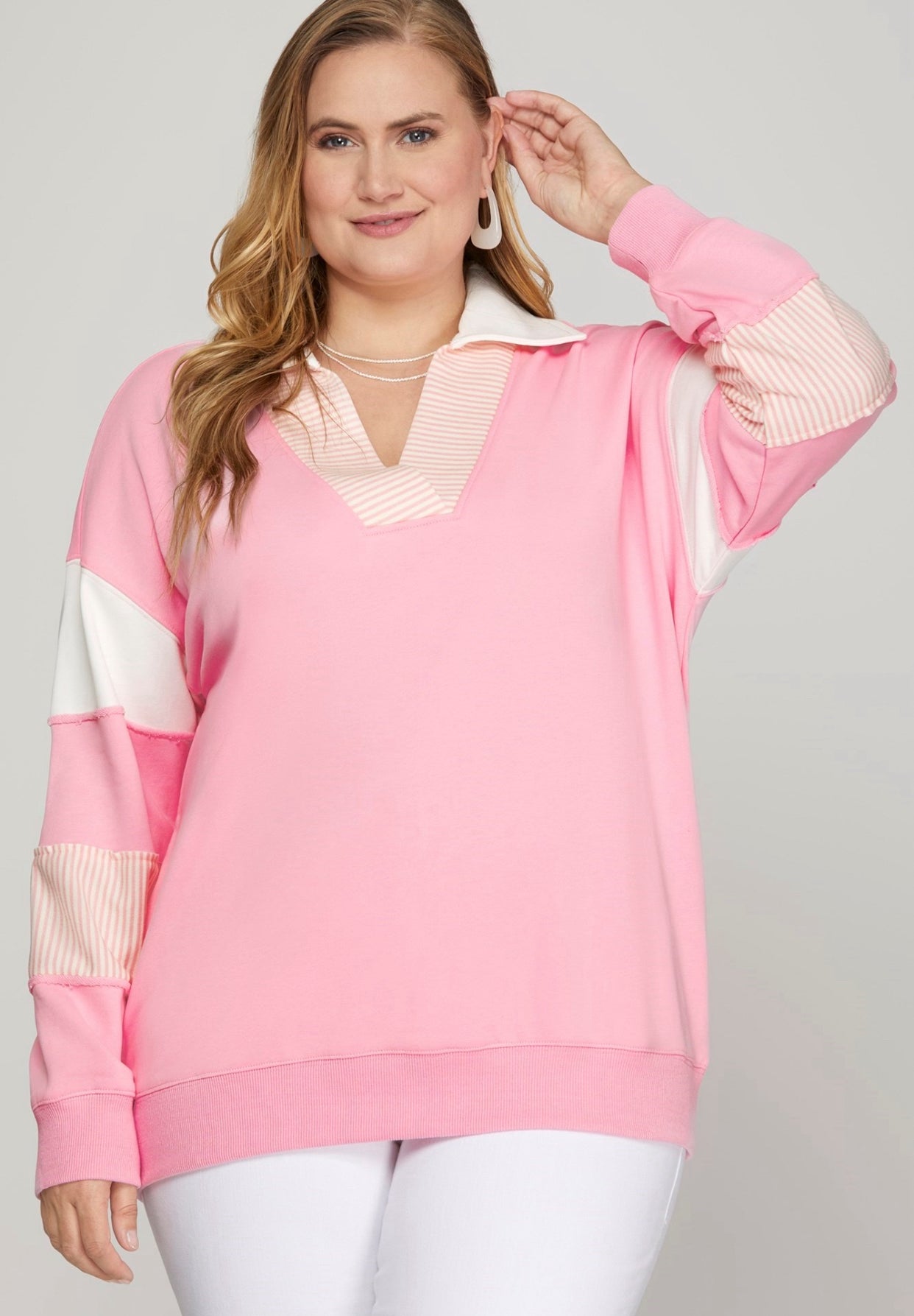 Blakely Color Block V Neck Terry Sweatshirt Pink