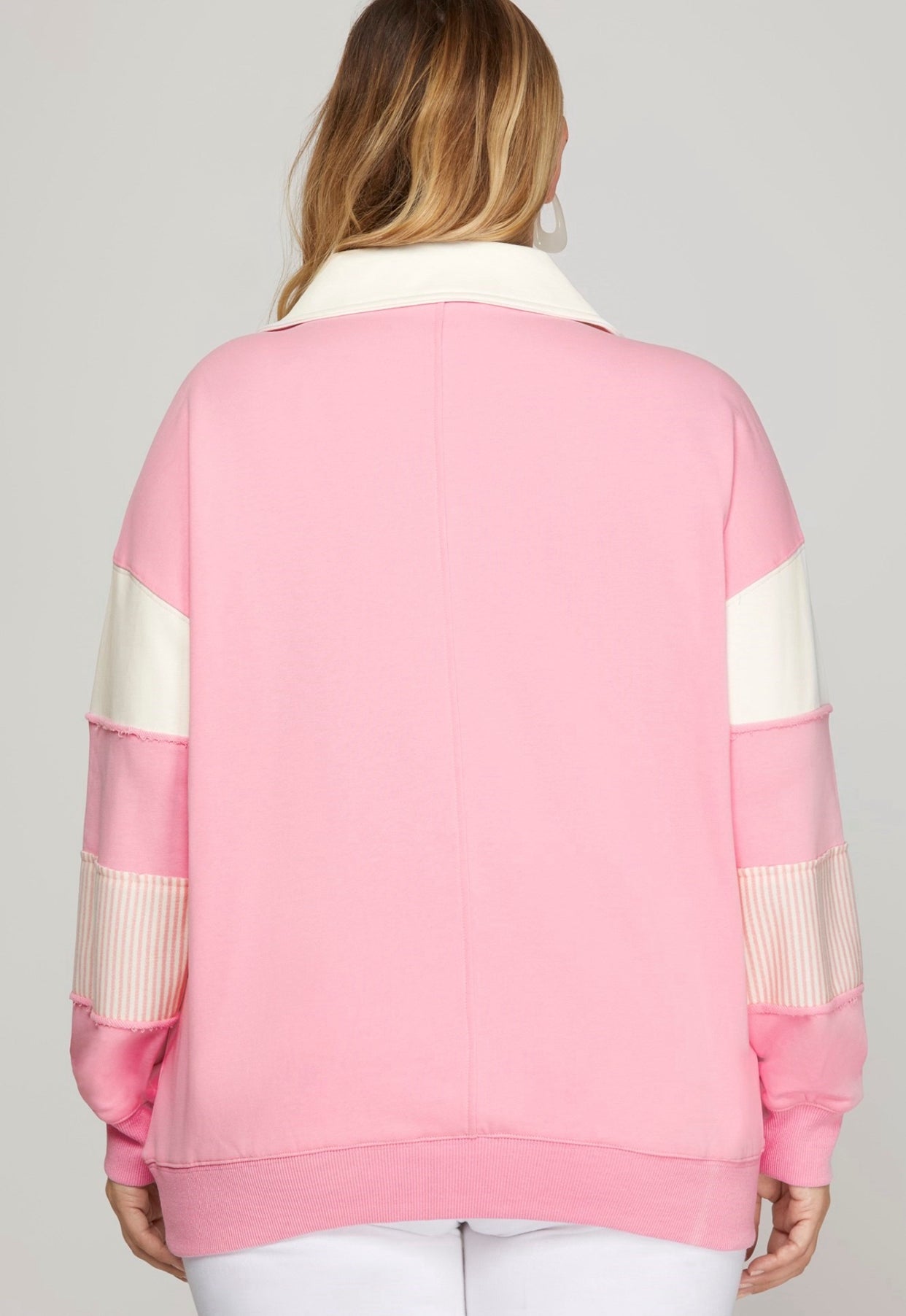 Blakely Color Block V Neck Terry Sweatshirt Pink