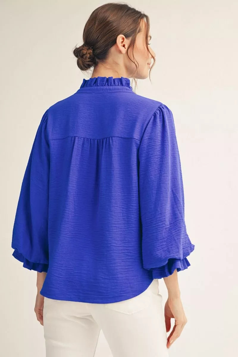 Renee 3/4 Sleeve Button Down Top Royal Blue