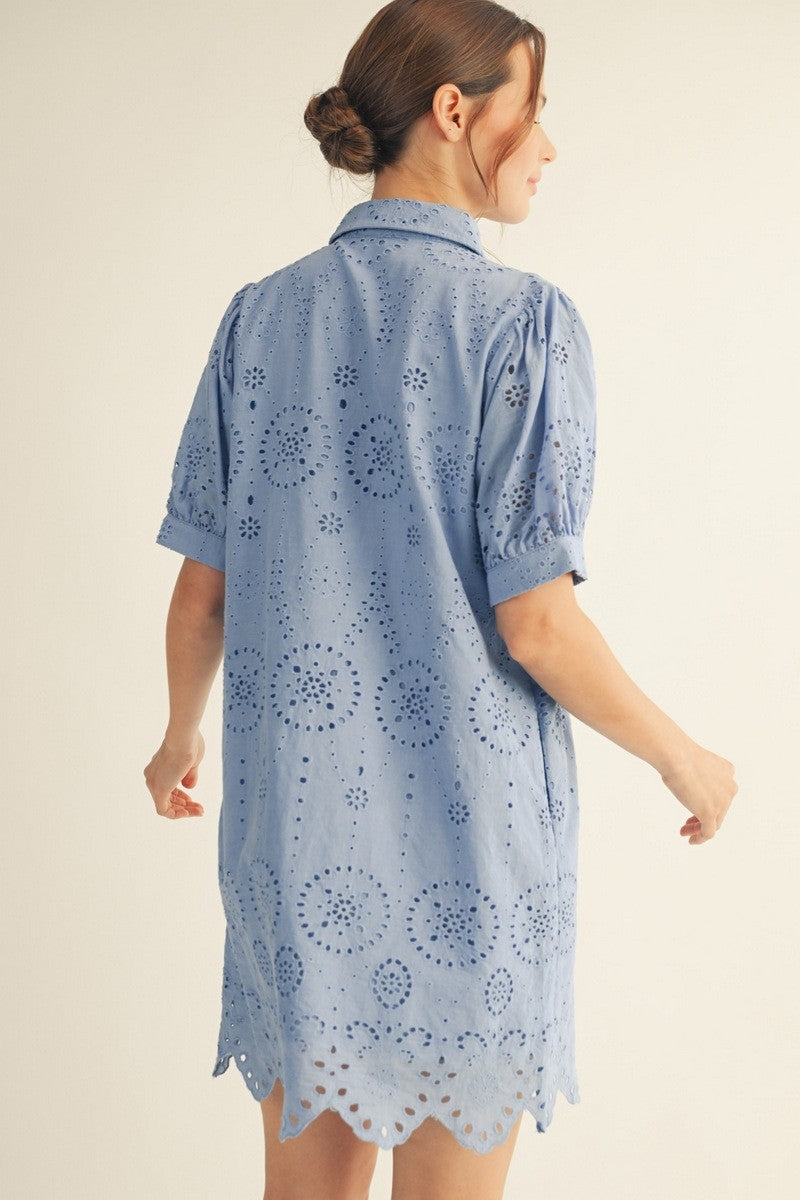 Beth Button Down Eyelet Lace Dress Sky Blue