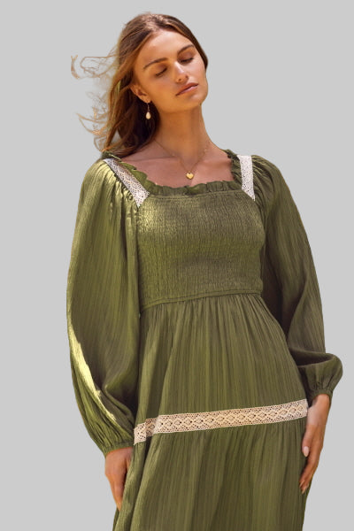 Lydia Lace Trim Smocked Midi Dress Olive