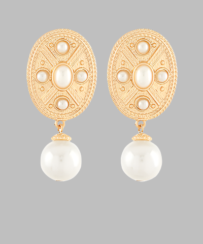 Pave Stone Pearl Dangle Earrings Cream