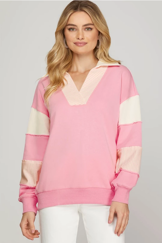 Blakely Color Block V Neck Terry Sweatshirt Pink