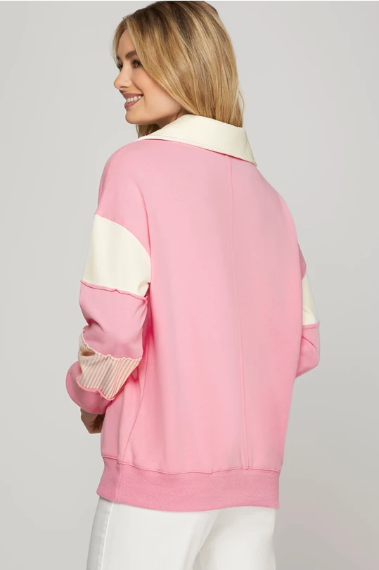 Blakely Color Block V Neck Terry Sweatshirt Pink
