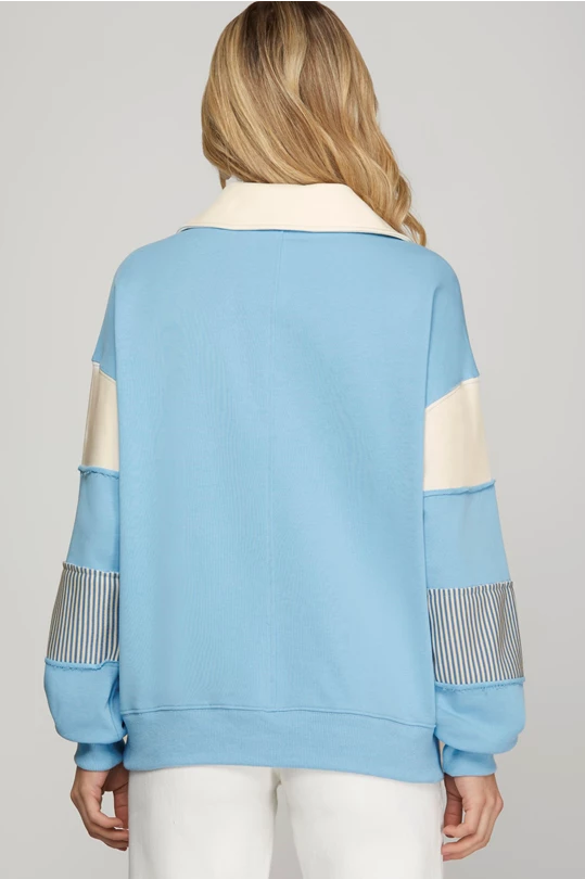 Blakely Color Block V Neck Terry Sweatshirt Blue