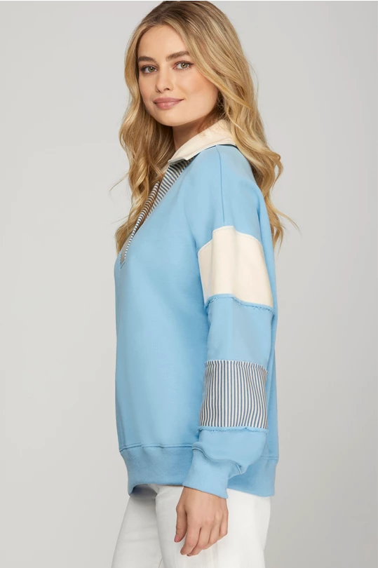 Blakely Color Block V Neck Terry Sweatshirt Blue