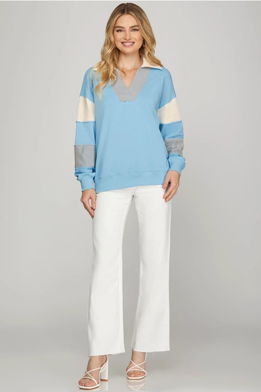Blakely Color Block V Neck Terry Sweatshirt Blue