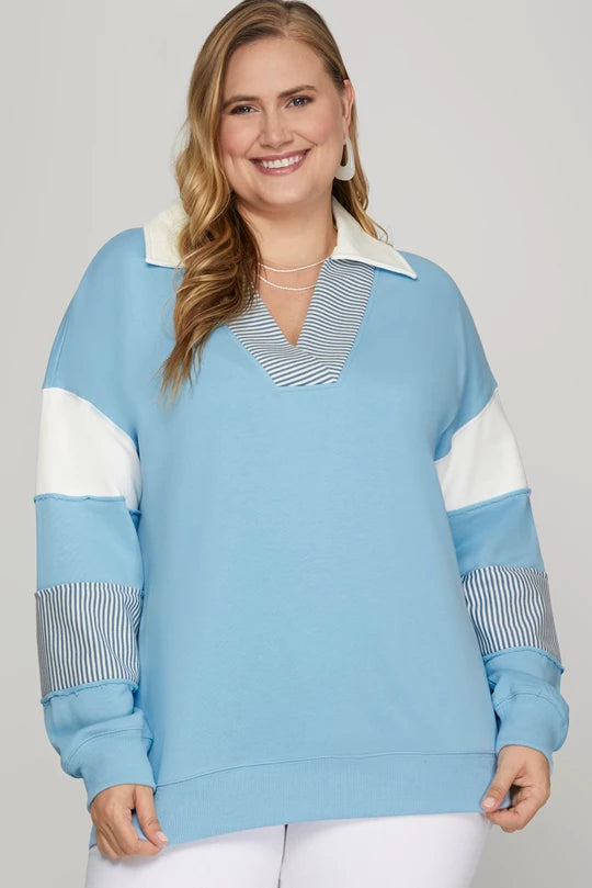 Blakely Color Block V Neck Terry Sweatshirt Blue