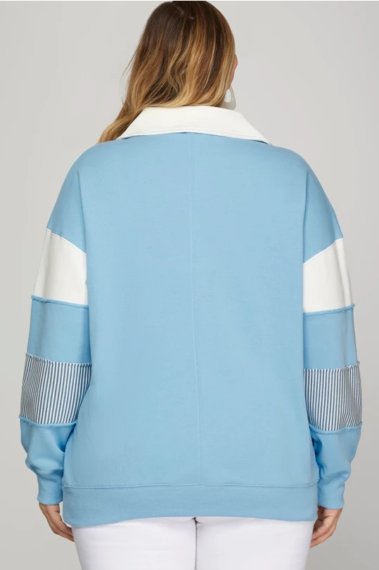 Blakely Color Block V Neck Terry Sweatshirt Blue