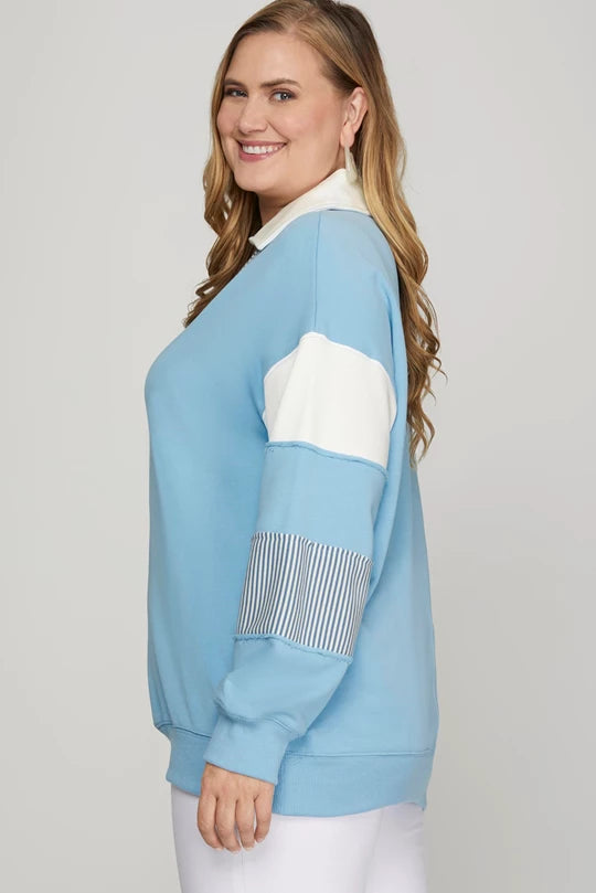 Blakely Color Block V Neck Terry Sweatshirt Blue