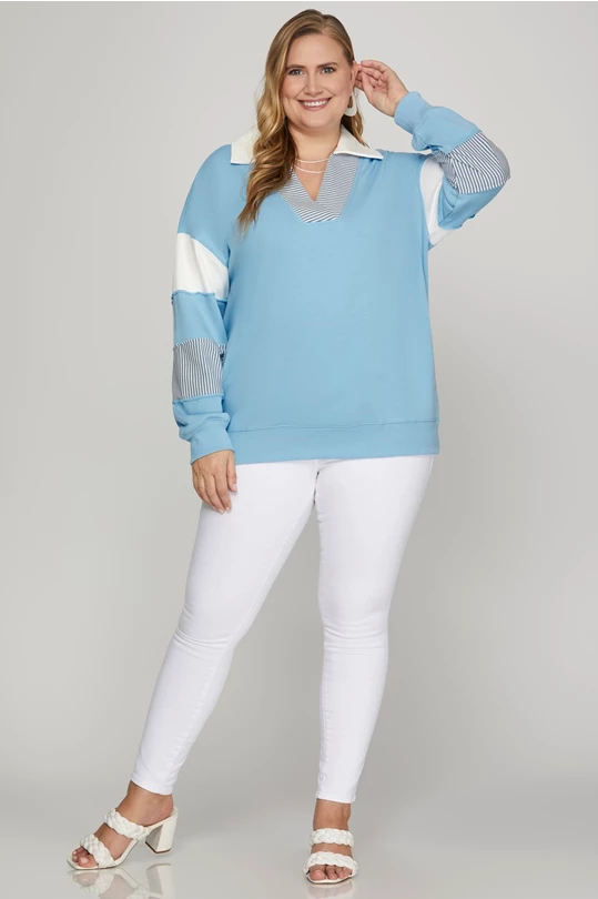 Blakely Color Block V Neck Terry Sweatshirt Blue