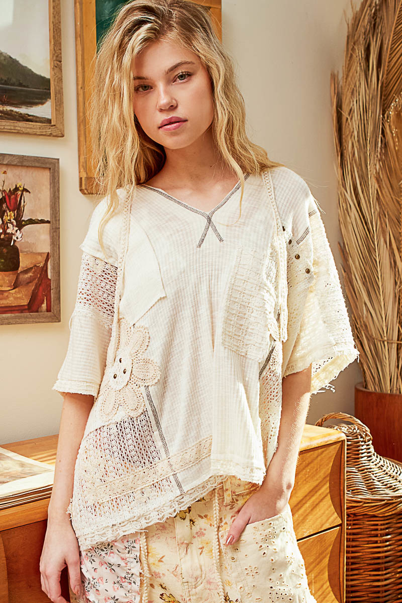 Farrah Floral Lace V-Neck Hoodie Top Natural