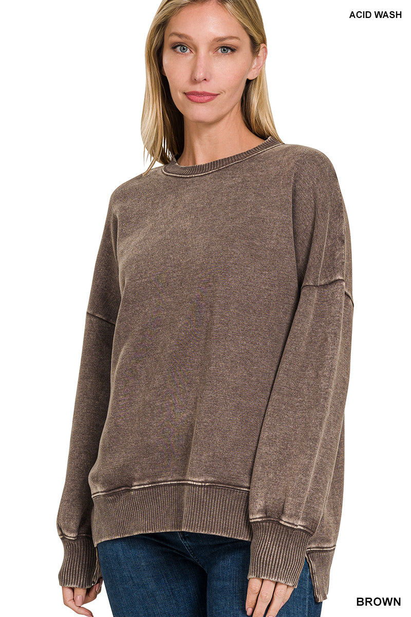 Arlene Acid Washed High-Low Hem Pullover Brown