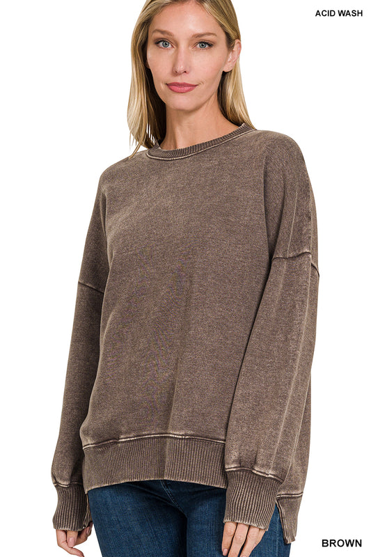 Arlene Acid Washed High-Low Hem Pullover Brown