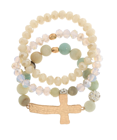Cross & Natural Stone Bead 3 Piece Bracelet Amazonite