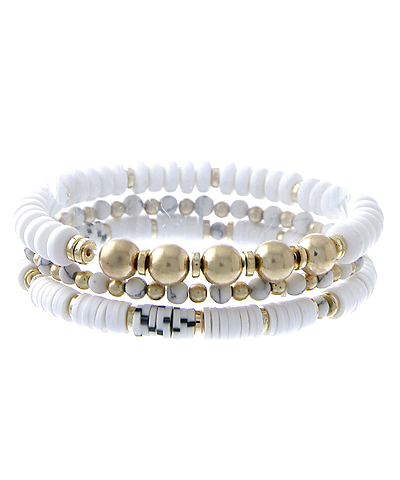 3 Roll Heishi & Mix Bead Bracelet White Howlite