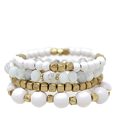 4 Roll Wood & Natural Stone Bead Bracelet White Howlite