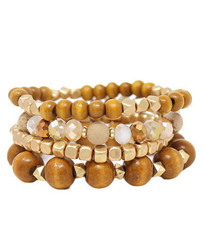 4 Roll Wood & Natural Stone Bead Bracelet Picture Jasper