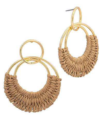 Raffia Woven 2 Circle Drop Earrings Light Brown